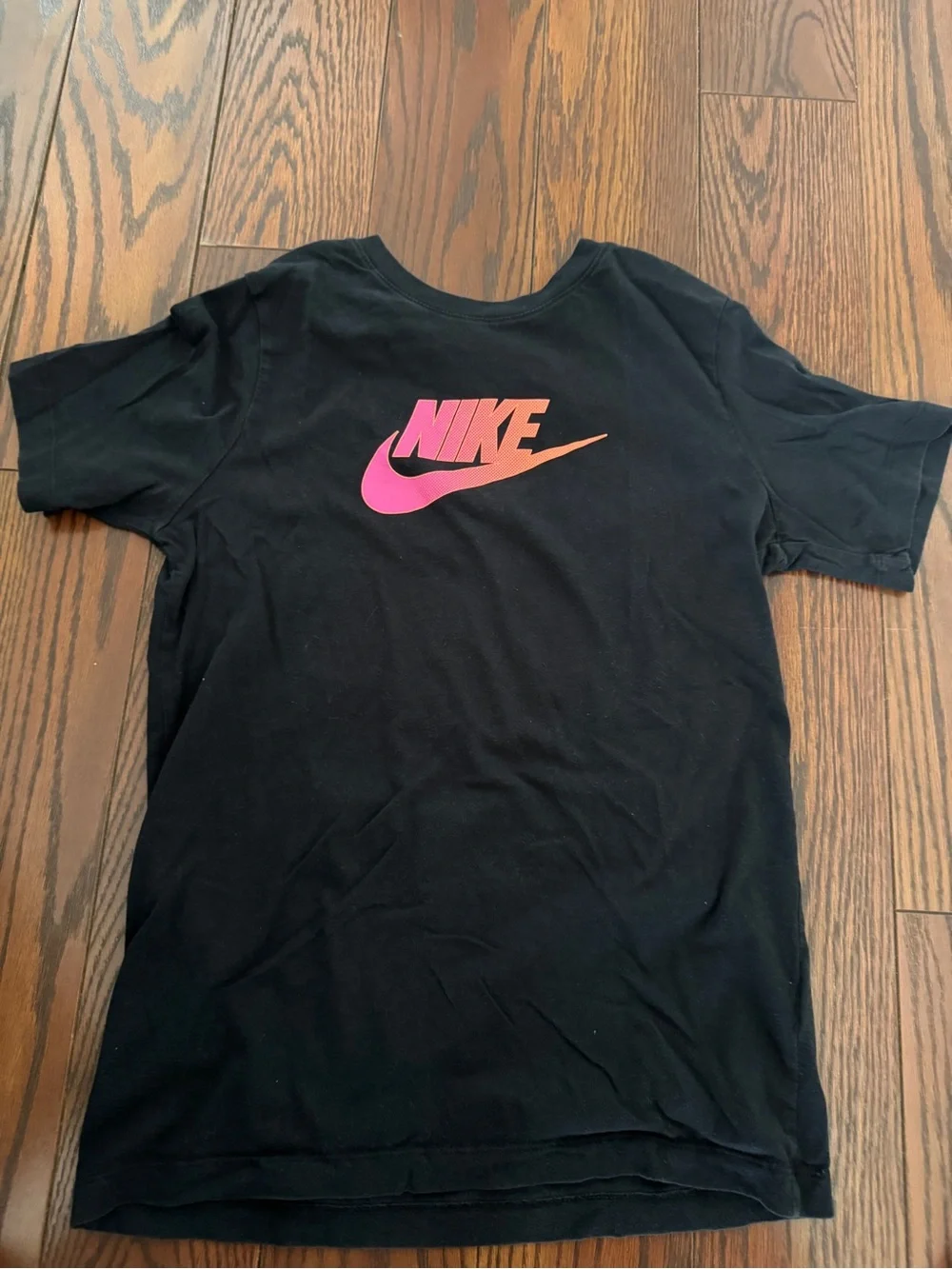 Nike Black Tee with Pink-to-Orange Gradient Swoosh